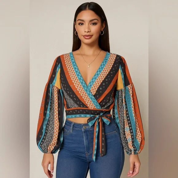 Fashion Nova Multicolor Wrap Tie Waist Cropped Blouse Size Medium NWT - Picture 2 of 3